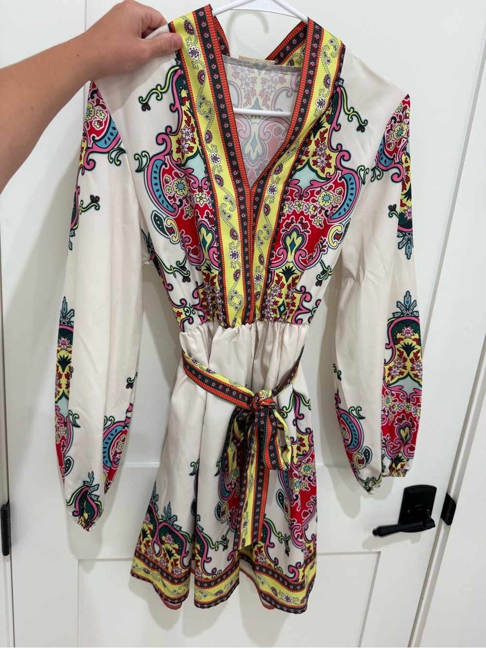 Sunday Up Cream Paisley Long-Sleeve Dress with Yellow Trim and Multicolor Belt